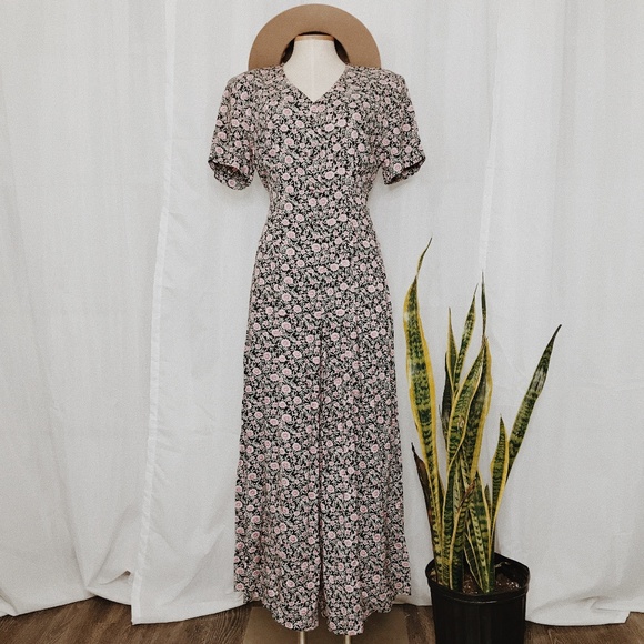 Vintage Pants - • VINTAGE • pink floral wide leg jumpsuit